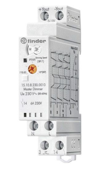 Модульный ведущий электронный диммер (Master) 4 функции сигнал 0-10В подключение до 32 ведомых диммеров (Slave) управление до 15 кнопок с подсветкой питание 230В АC (50Гц) степень защиты IP20 упаковка 1 шт.